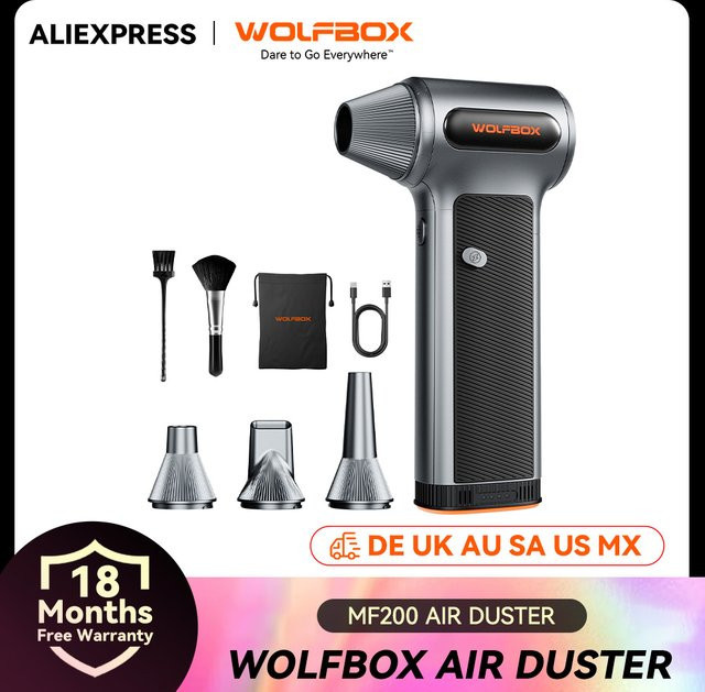 WOLFBOX MF200 Elektrischer Luftstaubsauger und Luftgebläse mit 320 g Winddruck, wiederaufladbarer bürstenloser 3-Gang-Motor für Auto, PC und Zuhause - Bild 1
