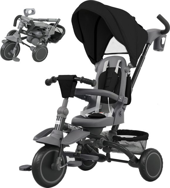 AIYAPLAY 6 in 1 Kinderdreirad Kinderwagen Fahrrad, Schwarz, ab 1 Jahr - Bild 1