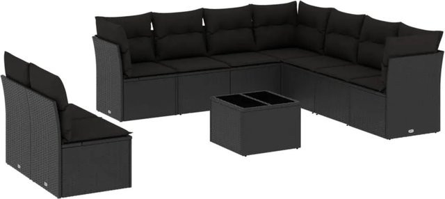 vidaXL 10-tlg Garten-Sofagarnitur in U-Form aus Poly-Rattan mit Kissen und Stauraum, Schwarz - Bild 1