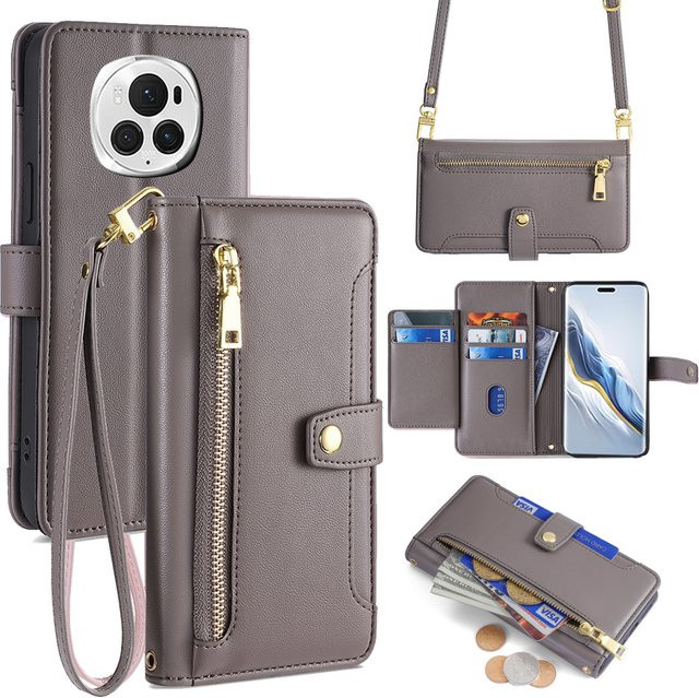 Reißverschluss Brieftasche Crossbody Flip Case für Honor Magic 6 Pro Lite, Honor 90 GT, Honor X6a, X7b, X8b, X9b mit langem und kurzem Riemen in Blau - Bild 1