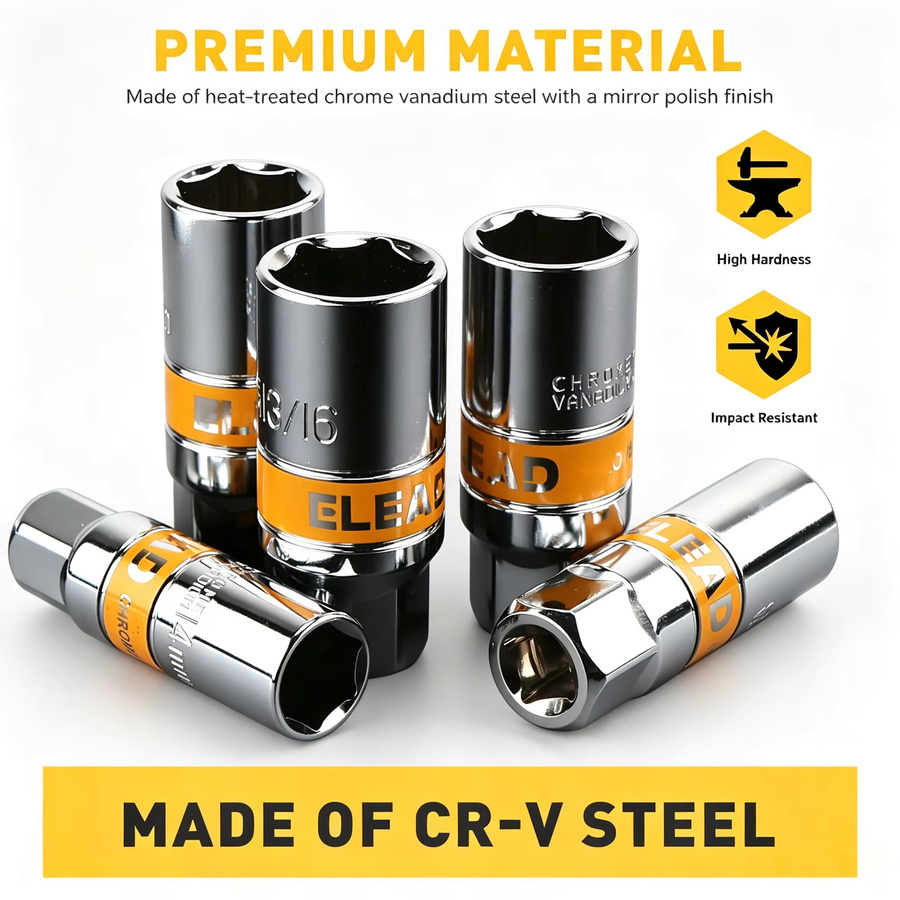 ELEAD 6-teiliges Zündkerzensteckschlüssel- und Einstellwerkzeug-Set aus Chrome Vanadium in Silber, 3/8 Zoll, mit Größen 5/8 Zoll, 3/4 Zoll, 13/16 Zoll, 14 mm und 18 mm - Bild 3