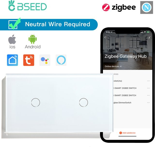 BSEED Zigbee Smart Switch Doppel 1/2/3 Gang/Way Drahtloser Lichtschalter in Grau mit Tuya App- und Sprachsteuerung für Alexa und Google Home - Bild 1