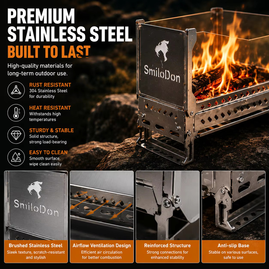 SmiloDon Camping IGT Feuerkorb in Silber für Outdoor-Kochen und Lagerfeuer B/T/H: 36,0 x 24,0 x 12,5 cm - Bild 3