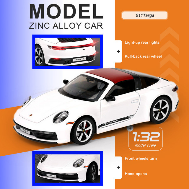 MAKEDA 911 Targa Macan, Spielzeugauto, 1:32, Druckguss-Legierungsmodell, mit öffnenden Türen, Vorderrad-Lenkung, Gummireifen - Bild 1