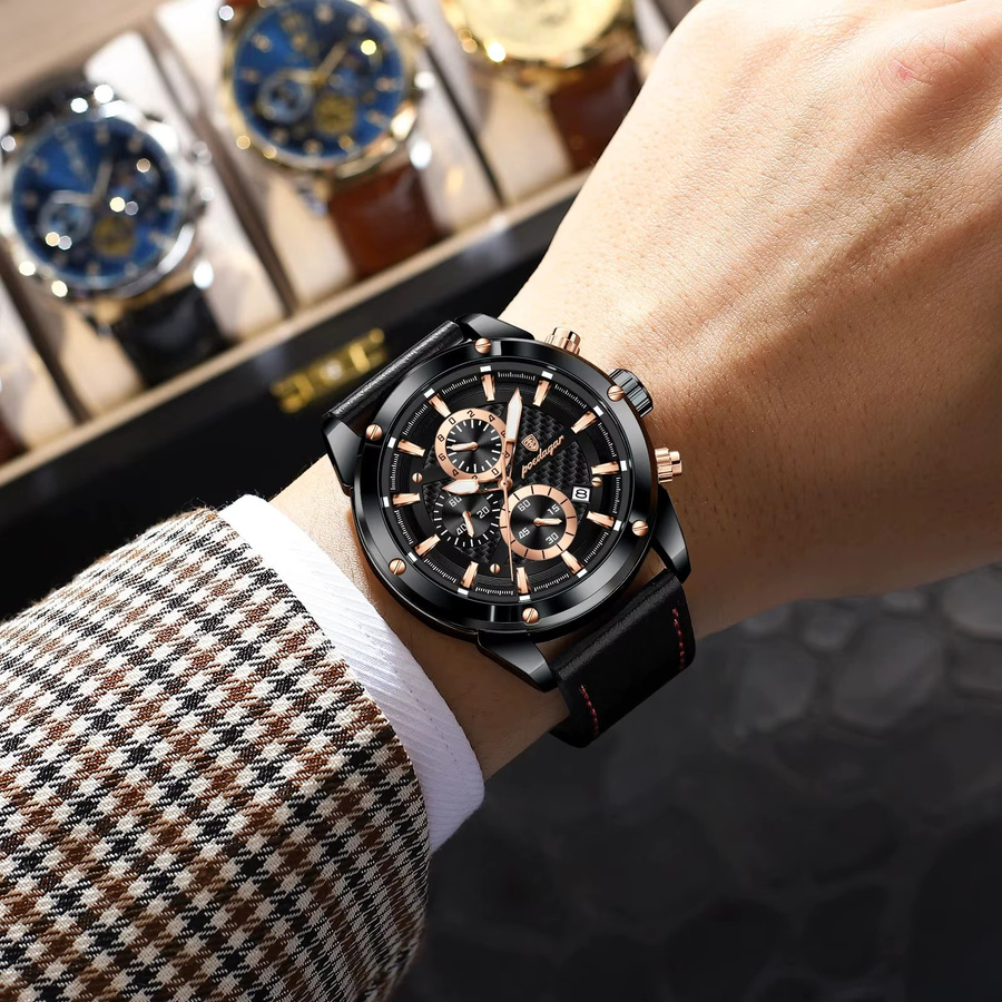POEDAGAR Chronograph, Leder, Quarz, Schwarz, Herren - Bild 3