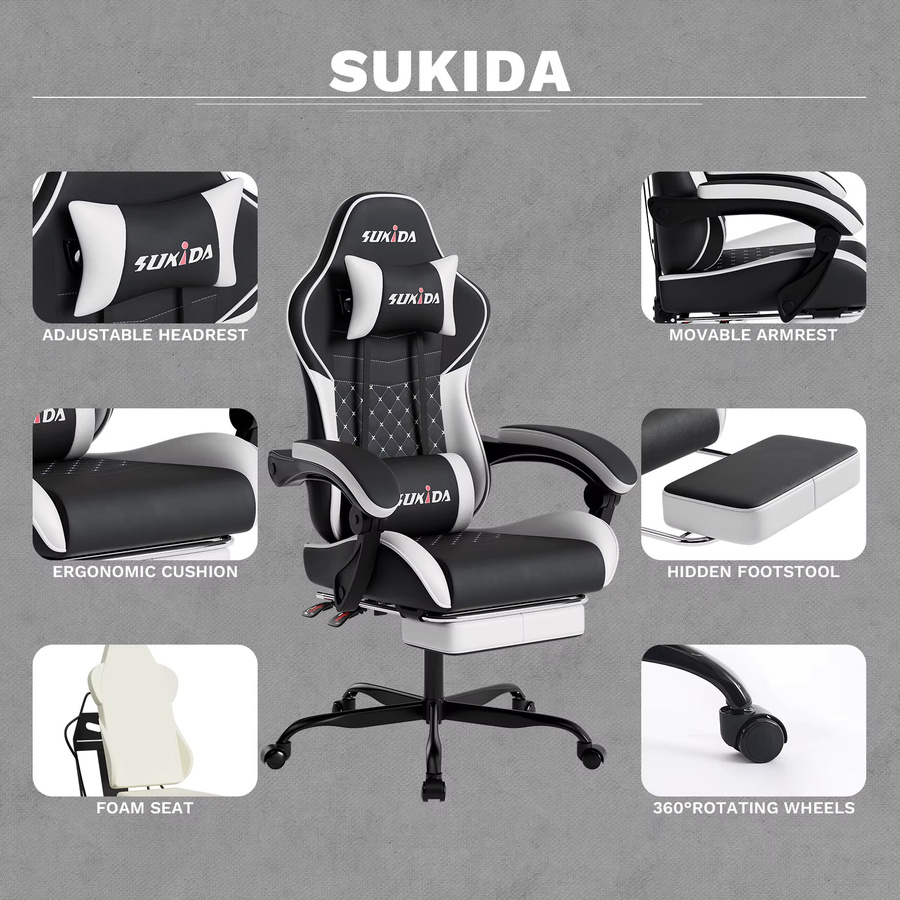 SUKIDA Gaming-Stuhl in Schwarz-Gelb mit Fußstütze, Lendenwirbelstütze und Kopfstütze aus Kunstleder - Bild 3