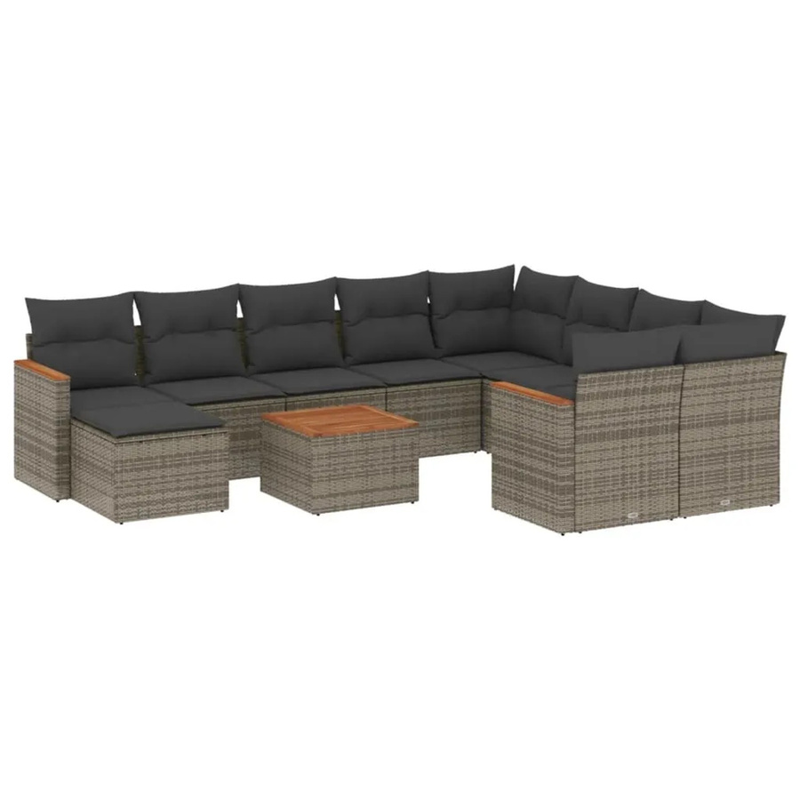 vidaXL 11-tlg. Garten-Sofagarnitur in L-Form aus Poly-Rattan und Akazienholz mit Kissen in Grau - Bild 2