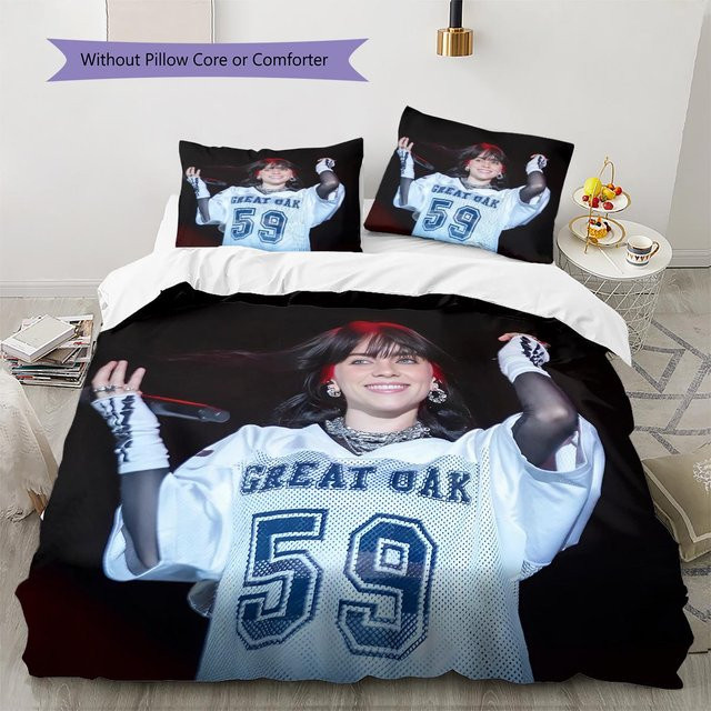 Billie Eilish Muster Bettwäsche Set aus Polyester, Multicolor, B/H: 200 x 200 cm, bestehend aus 1 Bettbezug und 2 Kissenbezügen - Bild 1