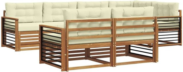 vidaXL Outdoor-Sofagarnitur aus Akazienholz in L-Form, 7-teiliges Set in Natur und Creme mit Kissen und Armlehnen - Bild 1
