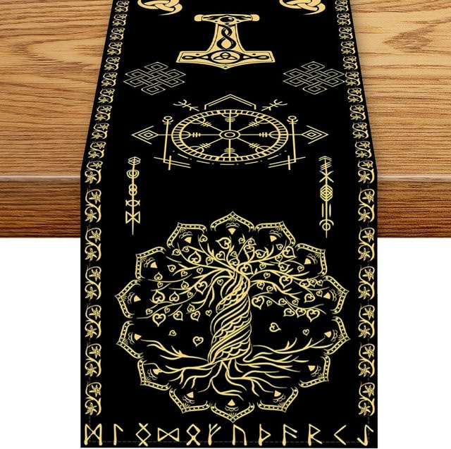JINGYUE Pet Tischläufer Nordischer Wikinger Mythologie in Schwarz Gold Braun, B/H: 150 x 33 cm - Bild 1