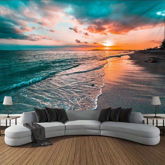 VIKAMA Sunset Beach Wandteppich mit Farbverlauf in Orange und Blau, Maritimes Strandmotiv für deine Wanddekoration, B/H: 60 x 40 cm - Bild 1