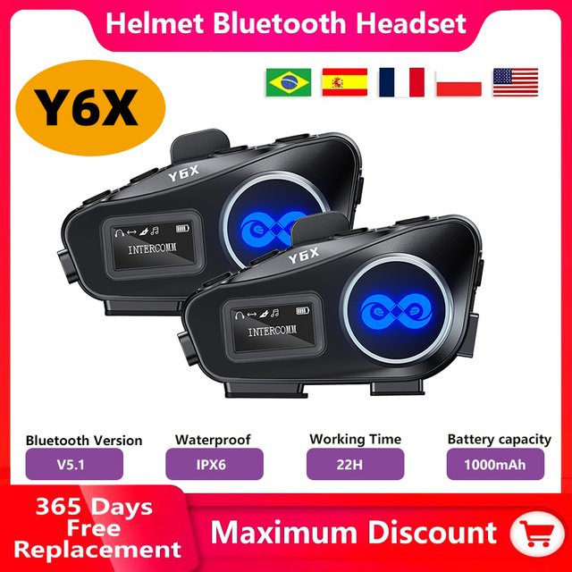 XINOWY Y6X Motorrad Bluetooth Helm Intercom Headset mit Musik-Sharing, Rauschunterdrückung, FM Radio und LED-Beleuchtung, Schwarz - Bild 1