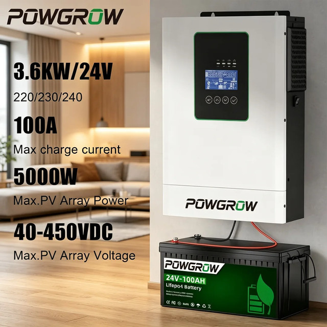 POWGROW 3,6KW 24V Hybrid-Solarwechselrichter mit 100A MPPT-Laderegler, Reine Sinuswelle und WLAN-Unterstützung, Farbe: Weiß - Bild 1
