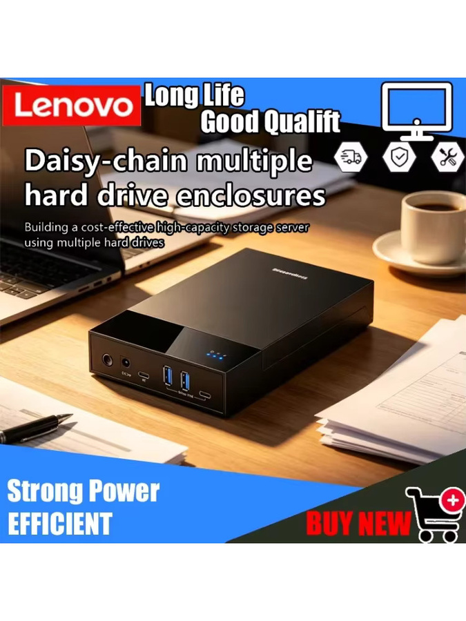 Lenovo Externes HDD/SSD Gehäuse für 2,5 und 3,5 Zoll SATA mit USB-C und USB 3.0 Hub, Schwarz, Werkzeuglose Installation, bis zu 18TB Unterstützung - Bild 6