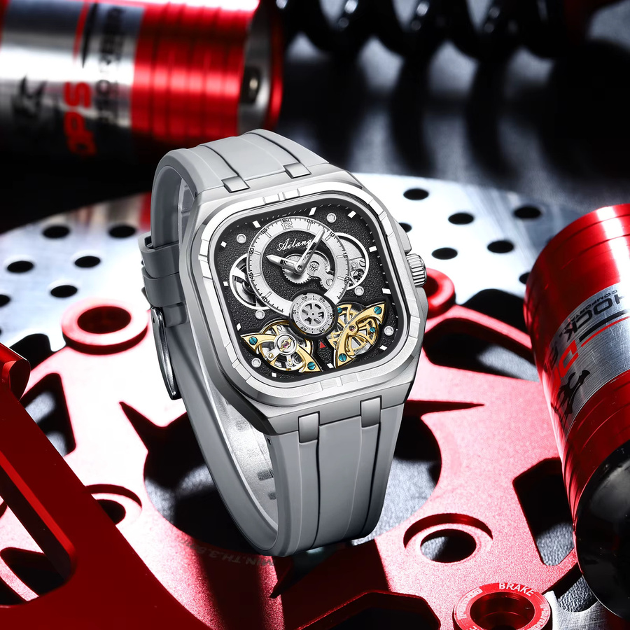 AILANG Automatikuhr, Doppel-Tourbillon, Skelett-Zifferblatt, eckig, Grau, Silikon, Herren - Bild 3