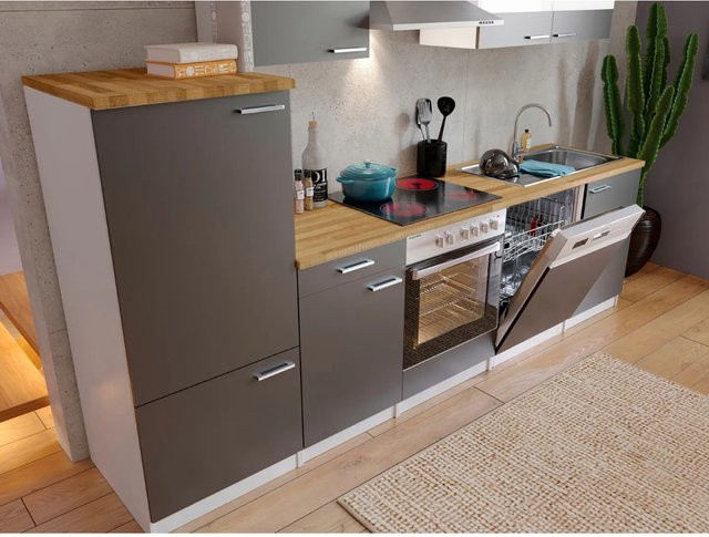 Respekta Economy Küchenzeile KB280WGC in Grau-Weiß mit Glastüren und Soft-Close-Funktion, Breite: 280 cm, Tiefe: 55 cm - Bild 1
