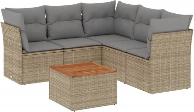 vidaXL 6-tlg Garten-Sofagarnitur aus Poly Rattan in L-Form mit Kissen und Couchtisch, Beige - Bild 1