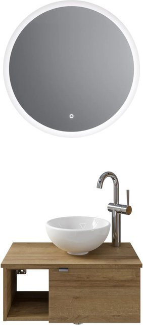 Pelipal Badmöbel-Set Serie 6915 Riviera Eiche mit Keramik Aufsatzbecken, Waschtischunterschrank und Funktionsspiegel mit LED-Beleuchtung und Sensor-Schalter, Braun - Bild 1