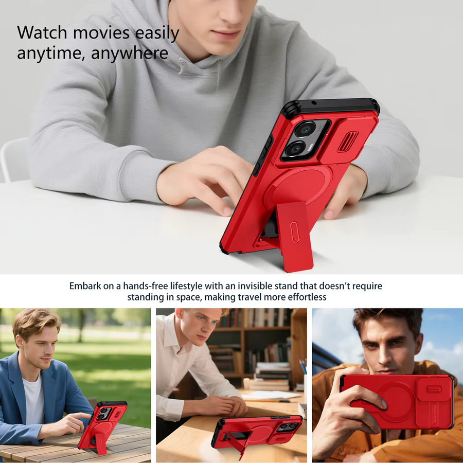 Motorola Luxuriöse Rüstungs-Magnethülle für Moto G Play Power 5G Edge Stylus 2024 2025 in Rot mit Objektivständer und kabelloser Ladehalterung - Bild 2