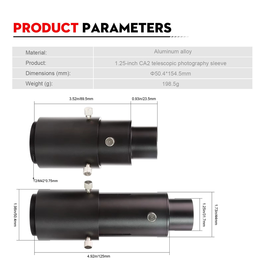 Datyson Teleskop-Kamera-Adapter in Schwarz, fokussierbarer Projektionsadapter und 1,25 Zoll Verlängerungsrohr-Kit für astronomische Fotografie - Bild 2
