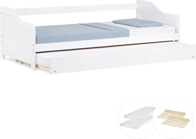 Homestyle4u Tagesbett mit Ausziehfunktion aus Kiefernholz und MDF in Weiß inklusive Matratze - Bild 1