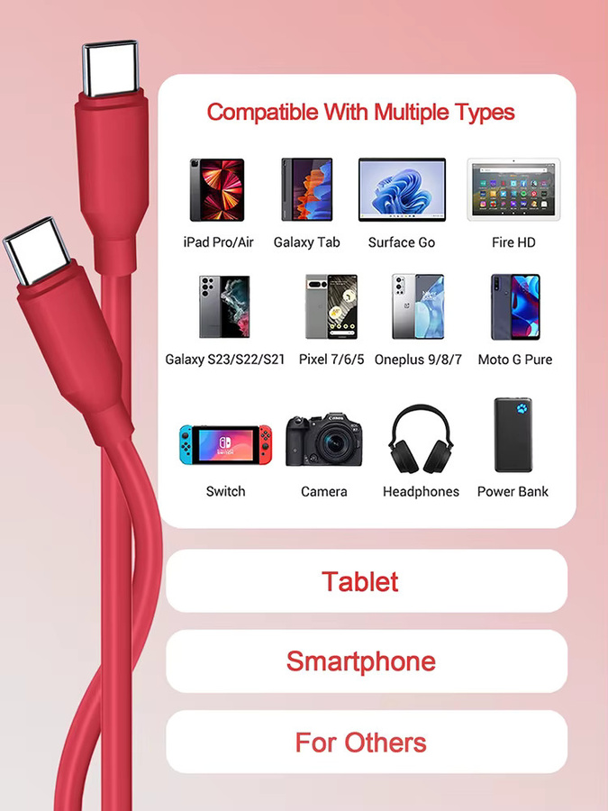 Koovesy USB-C-auf-Typ-C-Kabel in Rot mit 60 W PD Schnellladefunktion und Datenübertragung, Länge: 2,8 m - Bild 3