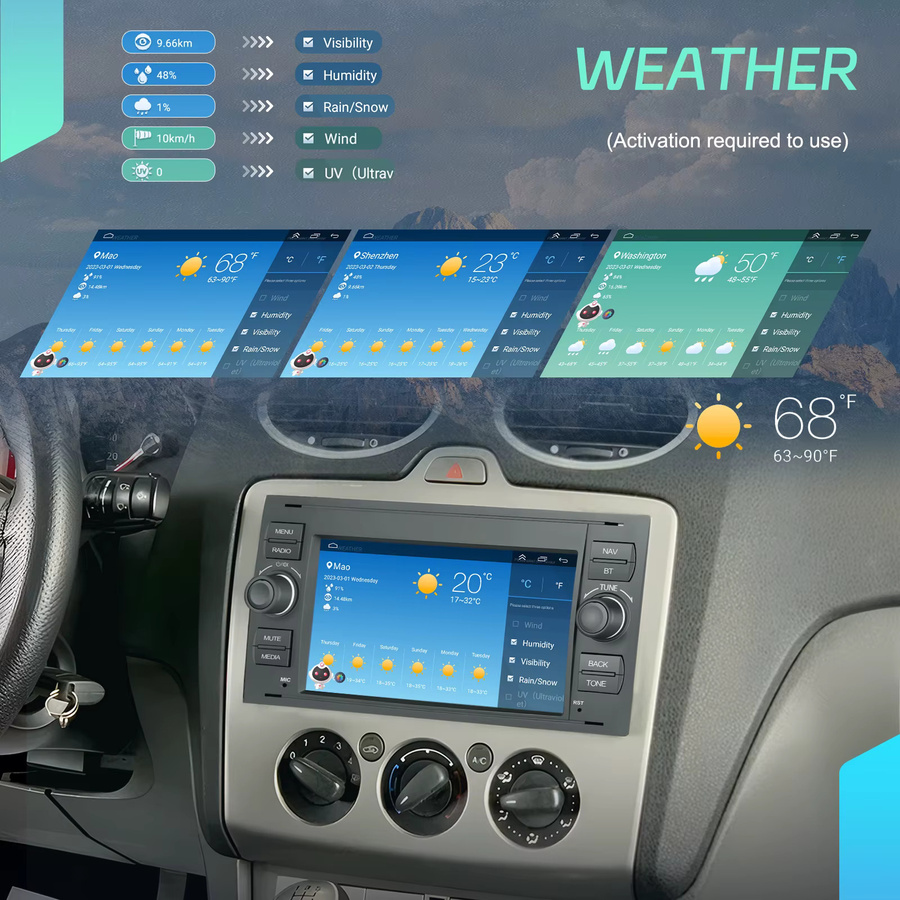 Podofo Android Auto und Carplay Multimedia-Player mit 7 Zoll Touchscreen und GPS-Navigation in Schwarz für Ford Focus Fiesta Mondeo Kuga C-Max Transit Galaxy Fusion - Bild 3