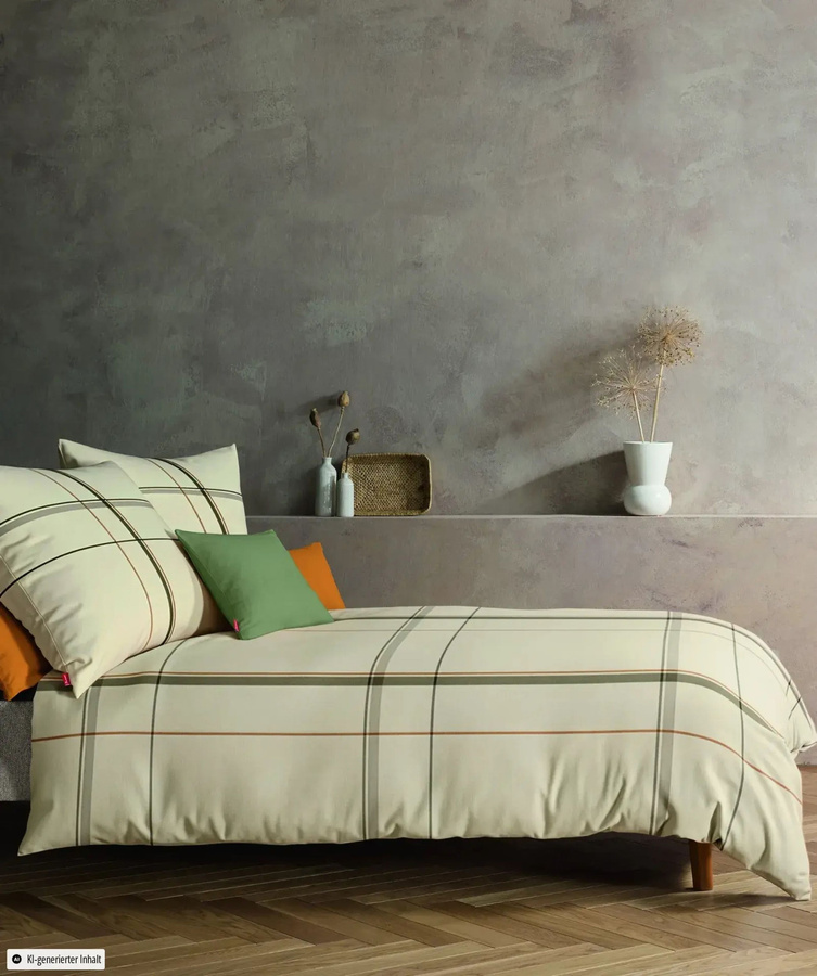 Fleuresse Lech Edelflanell Bettwäsche Set mit Karo-Streifen in Creme und Oliv, B/H: 135 x 200 cm mit Kissenbezug 80 x 80 cm - Bild 1
