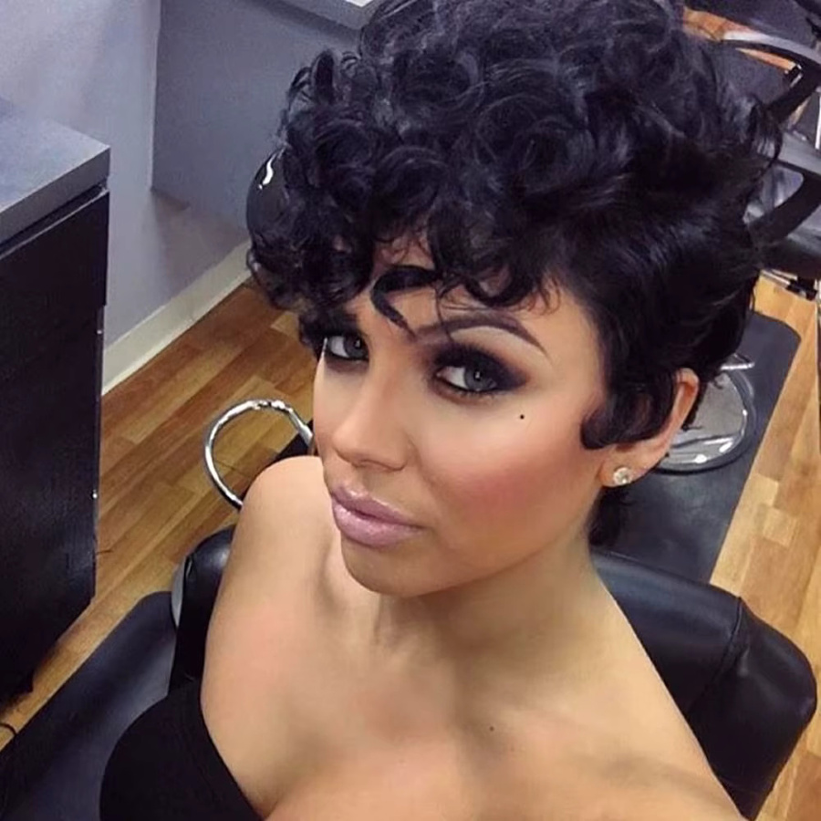 OYM HAIR Pixie-Perücke, Echthaar, Schwarz, Lockig, Damen - Bild 2