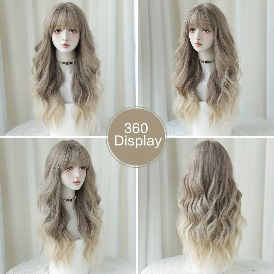 7JHH WIGS Perücke, lange lockige Ombre-Aschbraun-Perücke mit Pony, Damen - Bild 2