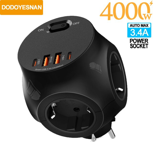 Multifunktions-Steckdosenleiste zur Wandmontage mit EU-Stecker, 4000 W, Überlastschalter, 2 USB-A und 2 USB-C Anschlüssen, Schwarz - Bild 1