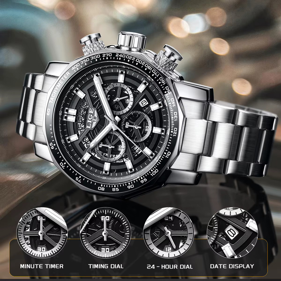 LIGE Chronograph, Edelstahl, Quarz, Herren, Schwarz, Silber - Bild 6