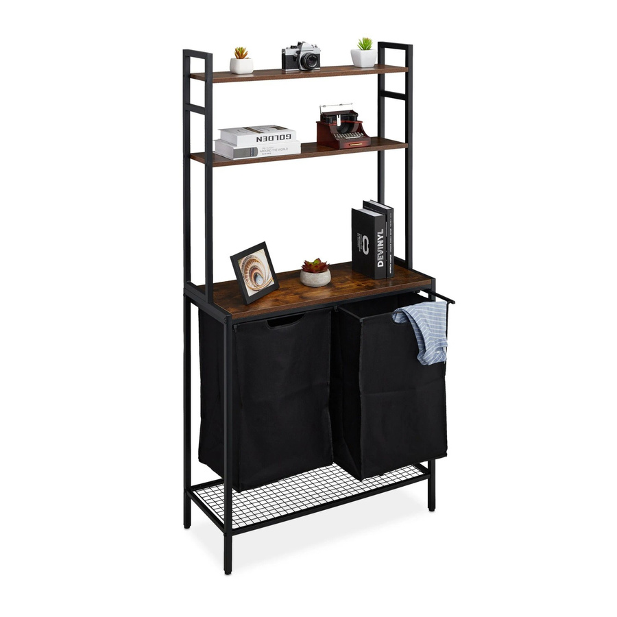 Relaxdays Wäschekorbregal im Industrial Design aus Eisen und MDF mit 2 ausziehbaren Baumwollkörben, Schwarz/Braun, H x B x T: 162 x 80 x 34 cm - Bild 2