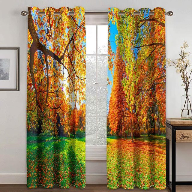 Dekorative 3D Herbstwald Vorhänge mit gelber Waldlandschaft, 2er-Set aus Polyester, halbtransparent, Farbe: Gelb/Mehrfarbig, B: 100 cm, H: 240 cm - Bild 1