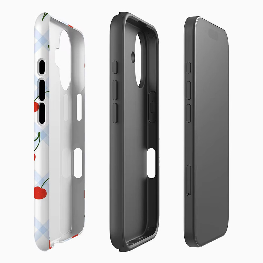 Handyhülle mit rotem Kirschmuster und blauem Schachbrett für Apple iPhone 17 16 15 14 13 12 Pro Max Plus mit doppellagiger Rückseite - Bild 2