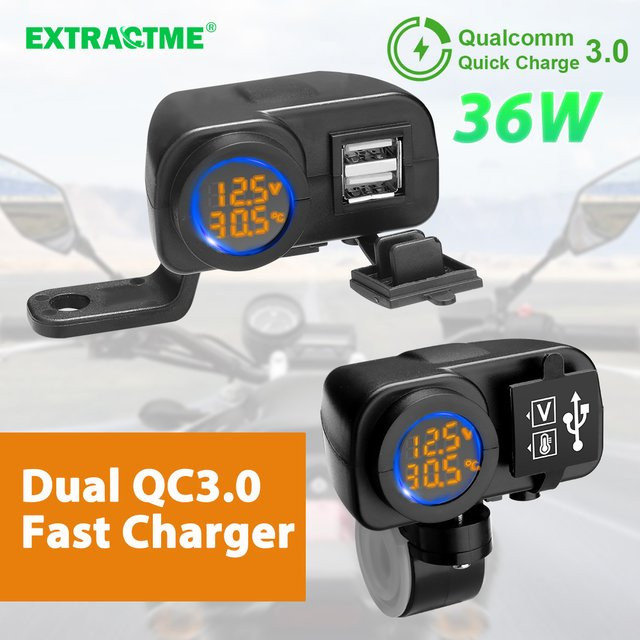 Extractme 36W Dual QC3.0 Motorrad USB Ladegerät mit Digital Display für Voltmeter und Thermometer in Schwarz - Bild 1