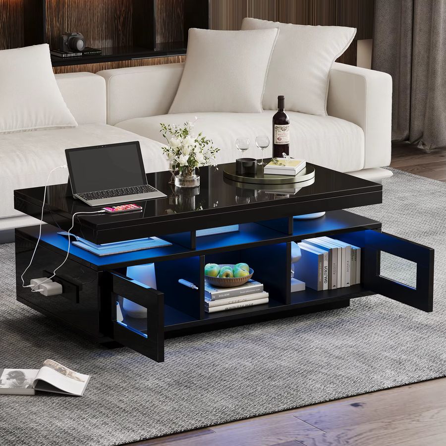 KOMHTOM Couchtisch in Schwarz mit Hochglanz-Finish, App-steuerbaren LED-Leuchten, Schrank, Ladeanschluss und Steckdose, B/T/H: 100 x 50 x 43 cm - Bild 4