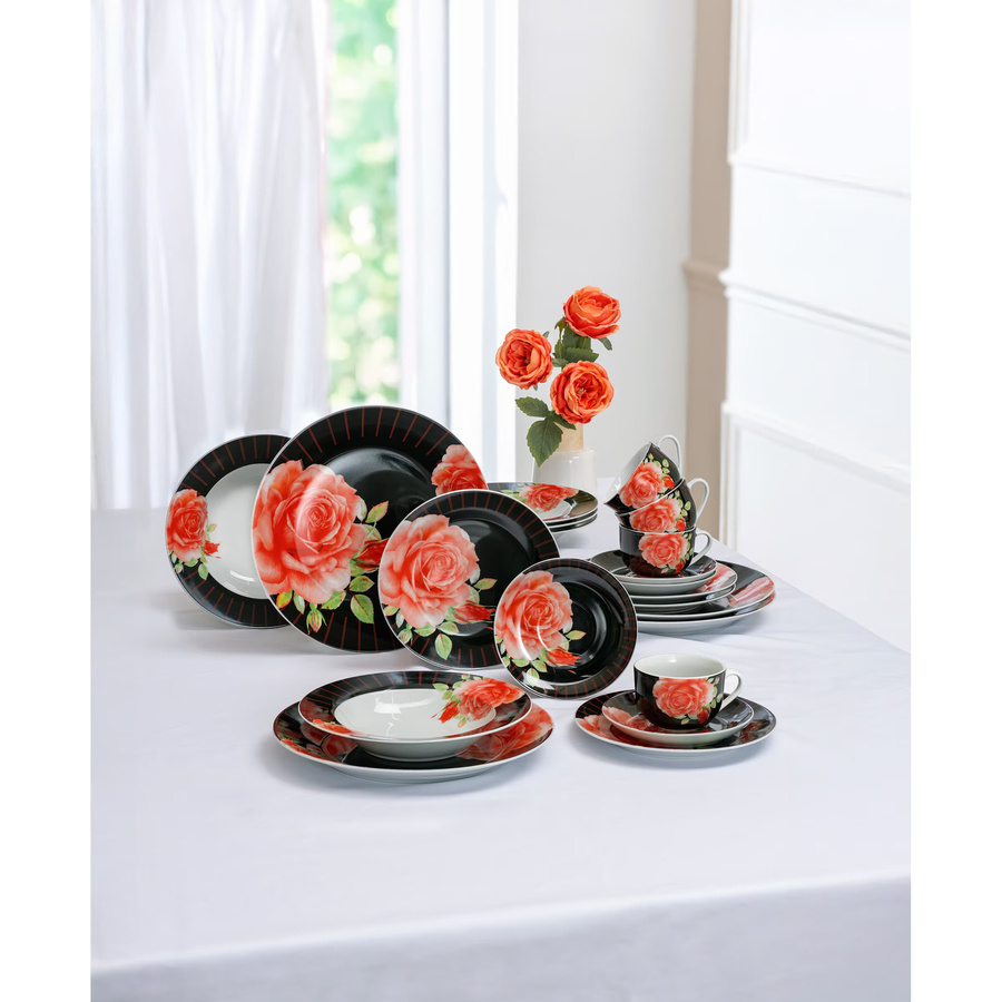Genialo Porzellan-Service 20-teilig mit floralem Design in Schwarz, Pink und Rot - Bild 2