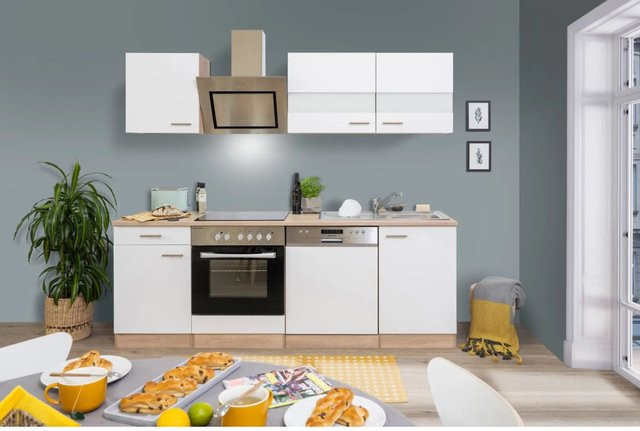 Respekta Economy Küchenzeile KB220ESWSC in Weiß-Eiche Sägerau Glänzend, Breite: 220 cm, Tiefe: 60 cm - Bild 1