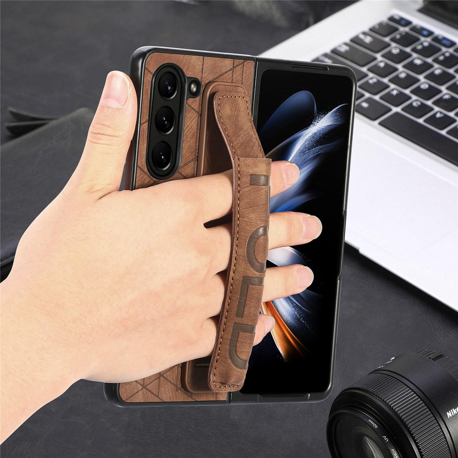 Leder Handyhülle für Samsung Galaxy Z Fold 7 6 5 4 3 mit elastischer Handgelenkschlaufe und Stifthalter in Braun - Bild 1