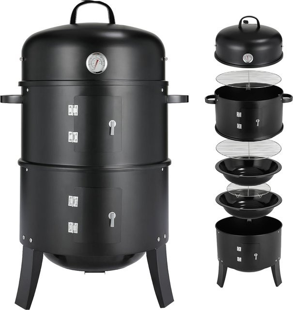 Tragbarer 3-in-1 Vertikal-Holzkohlegrill und Räuchergrill aus Edelstahl in Schwarz mit integriertem Thermometer und einstellbarem Entlüftungssystem, H: 81,0 cm, B: 51,0 cm, T: 51,0 cm - Bild 1