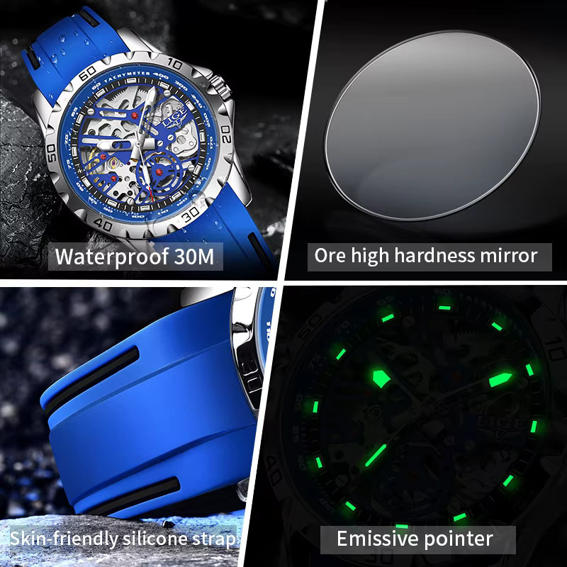 LIGE Armbanduhr Automatik, Edelstahl, Silikon, Blau, Herren - Bild 3