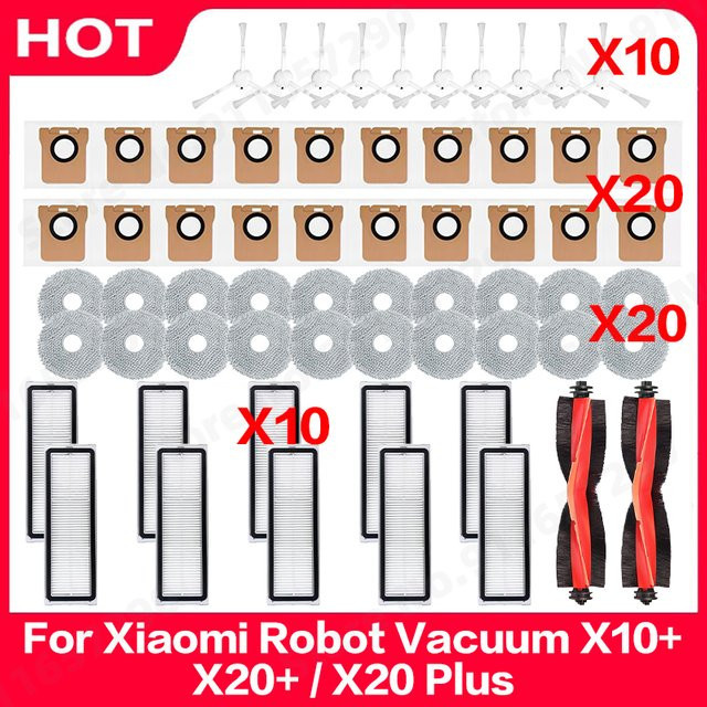 QIXIAO Ersatzteil-Set für Xiaomi Roboter-Staubsauger X10+ X20+ X20 Plus mit Hauptbürste, Seitenbürsten, Wischtüchern und Staubbeuteln in Multicolor - Bild 1