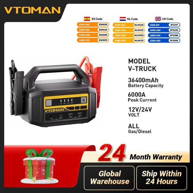 VTOMAN Starthilfegerät 12V/24V in Schwarz, Tragbarer Autobatterie-Booster und Leistungsstarker Notfallstarter für Auto, LKW, SUV und Van - Bild 1
