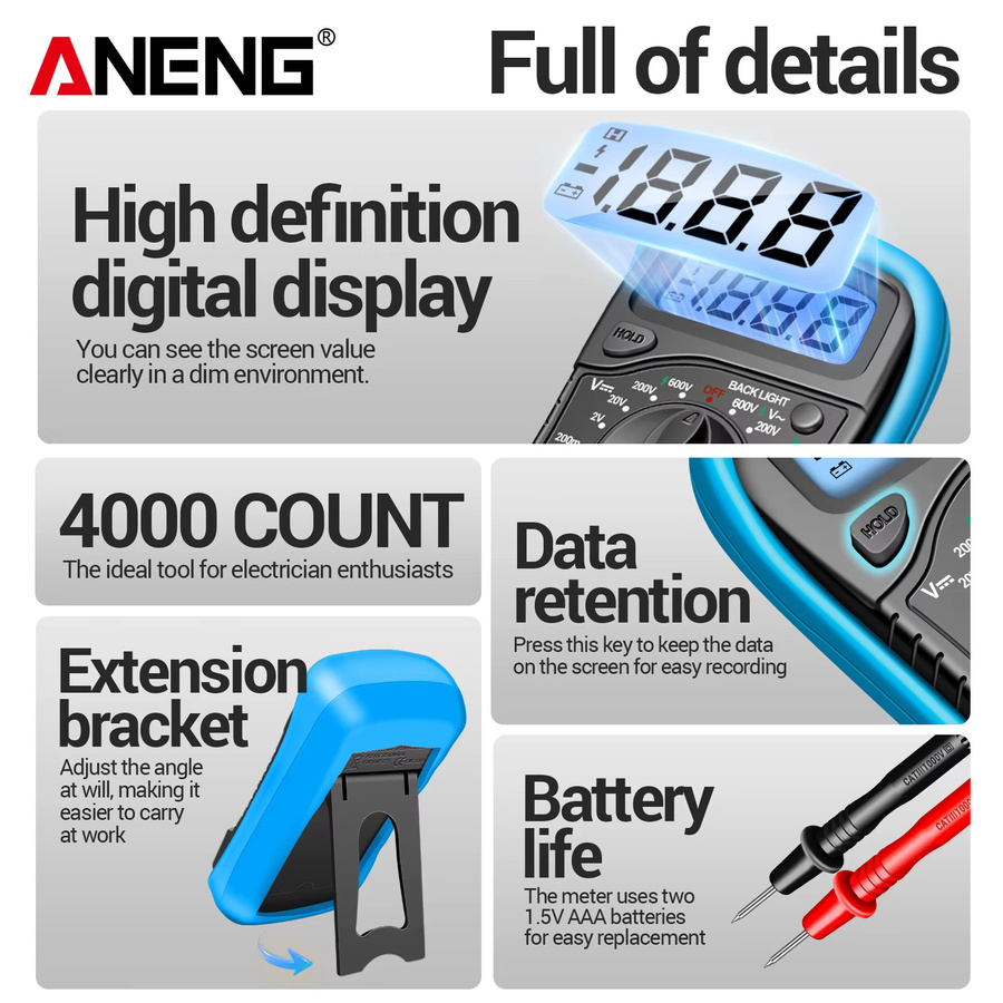 ANENG AN8205C Digitales Multimeter 600V AC DC 10A mit Hintergrundbeleuchtung in Blau für Heimwerkstatt und Autoelektrik - Bild 4
