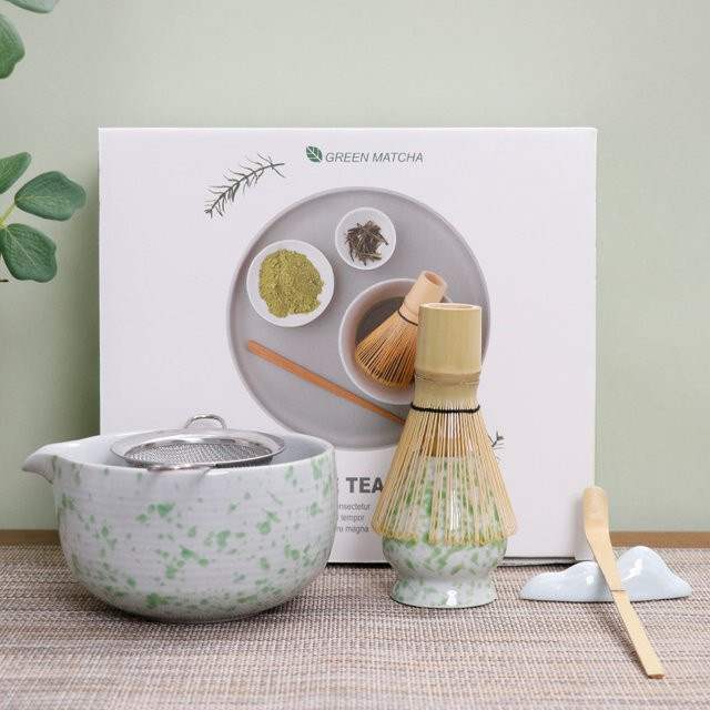 5-teiliges Matcha-Tee-Set aus Keramik mit Schneebesen im Song-Dynastie-Stil, blau-weiß gesprenkelt - Bild 1