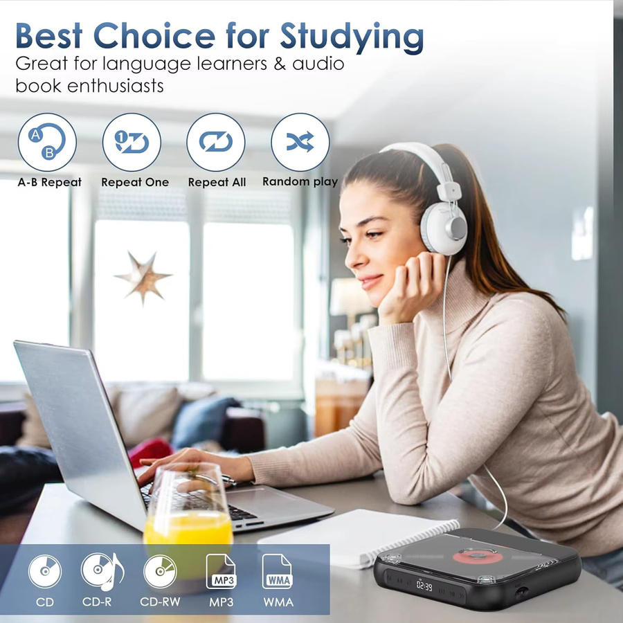 Bytelike Tragbarer Bluetooth-CD-Player mit USB-C-Schnellaufladung in Schwarz - Bild 6