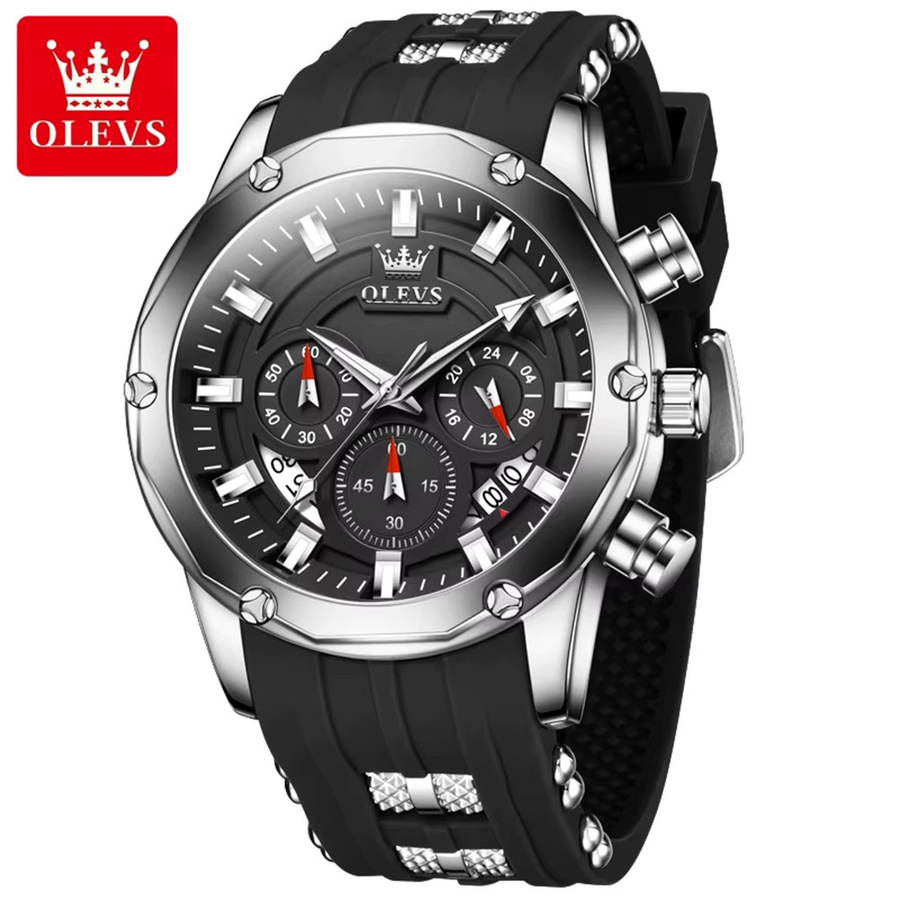 OLEVS Chronograph Herren-Armbanduhr, Quarz, Silikonarmband, Schwarz - Bild 2