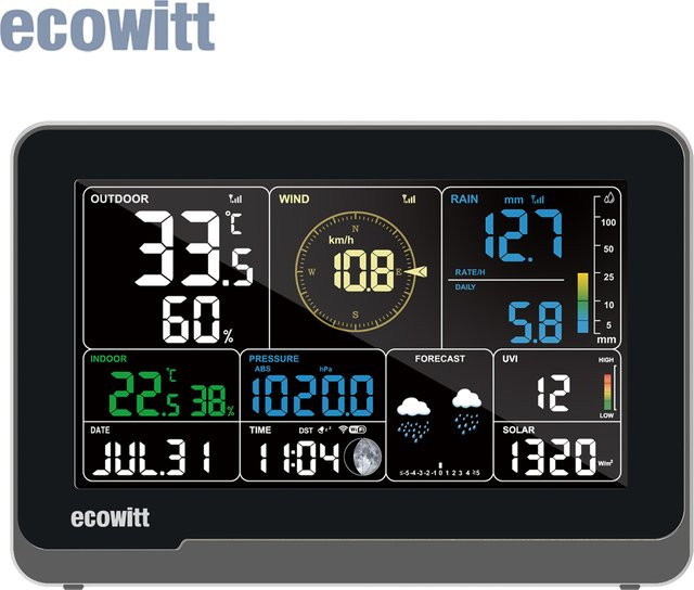Ecowitt WS3900 Wi-Fi Wetterstation mit 7,5-Zoll LCD-Farbdisplay Konsole in Schwarz, unterstützt IoT-Geräte WFC01 und AC1100 - Bild 1