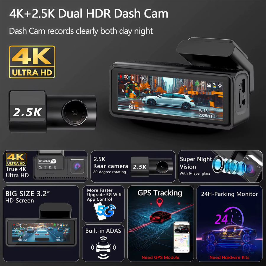 OMGO 4K+2.5K ADAS Dashcam mit GPS und WLAN in Schwarz mit 24H Nachtsicht und Mini-Doppellinse - Bild 3